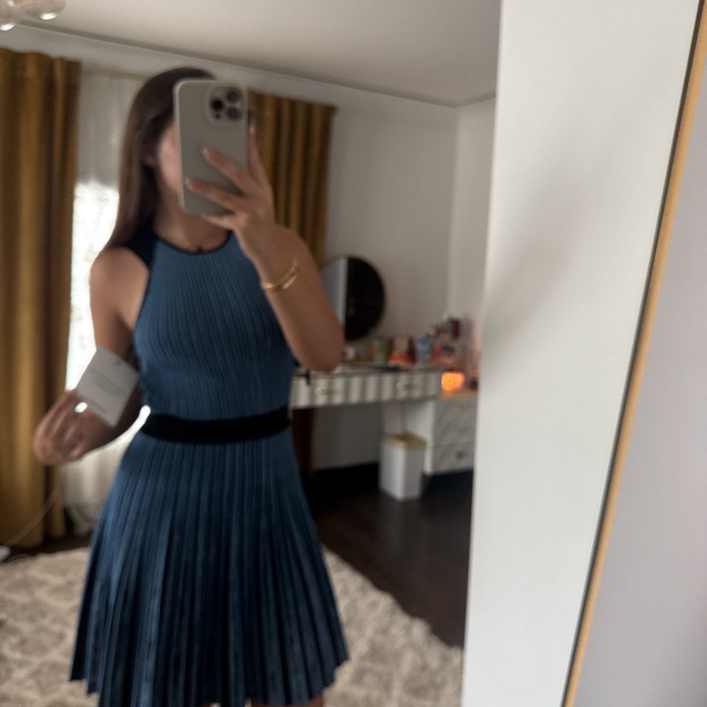 Blue Pleated Halter Dress